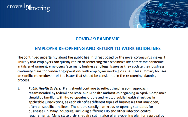 COVID-19 Pandemic: Employer Re-Opening and Return to Work Guidelines