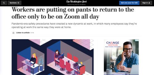 Werknemers trekken broeken aan om terug te keren naar kantoor om de hele dag op Zoom te zijn (The Washington Post)