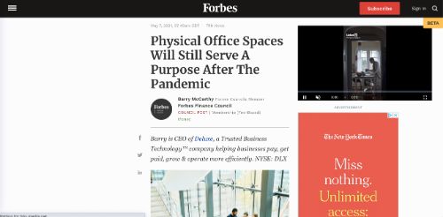 Fysieke kantoorruimtes zullen nog steeds een doel dienen na de pandemie (Forbes)