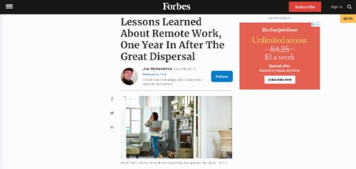 Lessons Learned About Remote Work, One Year In After The Great Dispersal (Forbes)